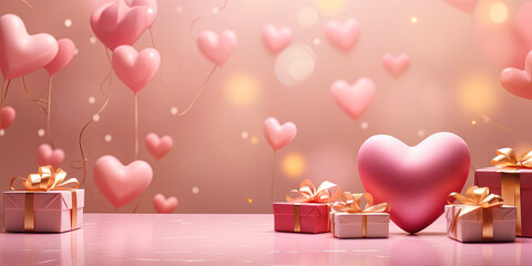 Poster - festive gift boxes, hearts, balloons with space for text. valentines day, sales concept