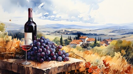 Wall Mural - Bunch of blue grapes, red wine bottle and wine glass on landscape with hills and vineyards, Italy. Watercolor or aquarelle painting illustration.	