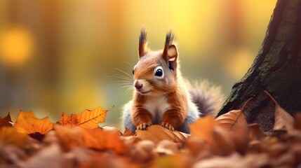 Squirrel in the autumn forest. Beautiful animal portrait in nature.