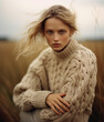 Beautiful young woman in beige knitwear sweater.	