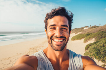 Happy young caucasian man enjoying a day on the beach while smiling and making a picture