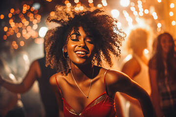 Beautiful young african american woman dancing and having fun at the night club, fun night out with friends