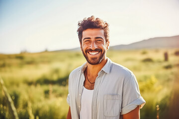 Wall Mural - Portrait of handsome young caucasian man smiling while standing in field of wheat, natural light