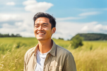 Wall Mural - Portrait of handsome young asian man smiling while standing in field of wheat, natural light