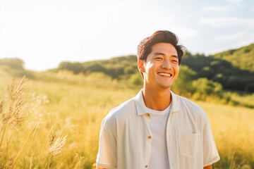 Wall Mural - Portrait of handsome young asian man smiling while standing in field of wheat, natural light