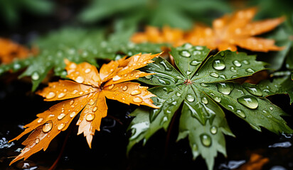 Wall Mural - Tree leaves with dew drops. AI generated