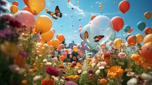 Balloons Designed As Flowers, Butterflies, And Bees