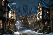 Street View Of A Fantasy Medieval Town In Winter At Night With Ancient Buildings Covered In Snow And A Person Walking Along The Street