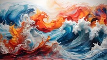 Abstract Painting Ocean Random Waves Vibrant With Foam, Surrealism