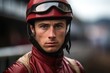 The determined face of a young male jockey with a red helmet and brown jumpsuit stands steadfastly in a close up portrait as he focuses on the racetrack beyond.
