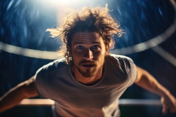 A Caucasian man with wild hair and a steady stance stands atop a trampoline blurred athletic activity and motion all around as he takes up the spotlight.