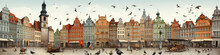 An Illustration Of A European City Square, Layered With People And Pigeons