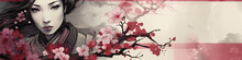 An Illustration Of A Traditional Japanese Geisha, Layers Overlapping With Cherry Blossoms
