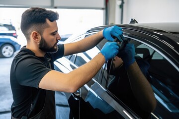 Auto mechanic worker in garage checking and fixing a window