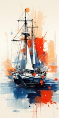 Wall Mural - sailboat ship Abstract modern art painting collage canvas expression illustration artwork