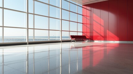 Canvas Print - A red wall at airport with a bench in front of it, AI