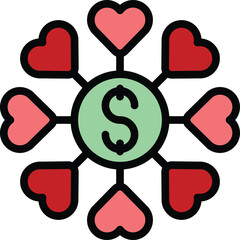 Sticker - Generosity money flower icon outline vector. Heart love. Person volunteer color flat