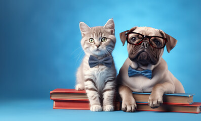 Wall Mural - Cat and dog in front of blue background