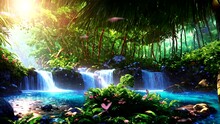 Beautiful View Of Tropical Jungle Garden In Fantasy Style. Seamless 4K Time Lapse Virtual Video Animation Background. Fantasy Paradise Garden Illustration.