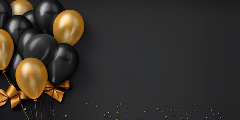 Black and golden balloons in the corner on a high detailed gray background, Generative AI