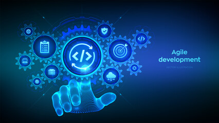 Agile development and optimisation concept. Software engineering. Software development practices methodology. Wireframe hand touching digital interface with connected gears cogs and icons. Vector.