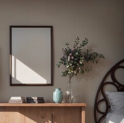 Wall Mural - neutral minimalist bedroom with wooden dresser, books, and green vase accents