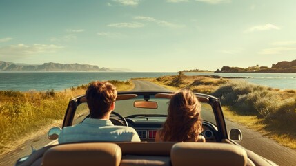 a young beautiful couple driving a convertible cabriolet car on a highway in summer vacation at a sea beach. pov from behind. sunny weather. Generative AI