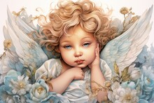 Illustration Of Cute Little Angel With Wings. AI Generated