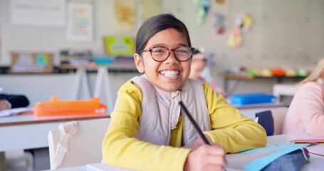 Canvas Print - Smile, education and writing with girl in classroom for learning, knowledge and study. Scholarship, happy and future with portrait of young student at school for academy, exam test and project