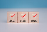 Fototapeta Mapy - Goal plan action. Business action plan strategy concept, outline all the necessary steps to achieve your goal and help you reach your target efficiently by assigning a timeframe a start and end date.