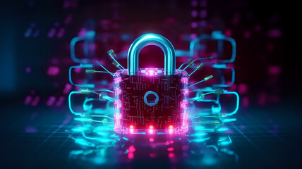 Cyber security and protection of private information and data concept. door lock on the background of data and information in blue tones