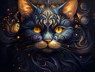 Illustration of a cat's face with ornamental pattern on a dark background