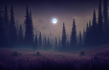 Wall Mural - Romantic full moon over conifer forest and violet field in summer, AI generated