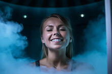 Relaxed Woman Smiles With Her Eyes Closed In Cryotherapy Cabin, Steam Room Or Shower. AI