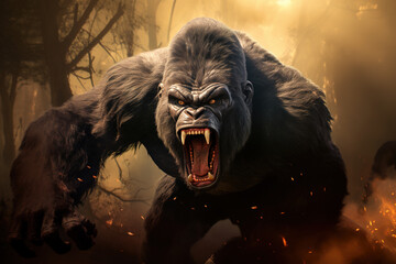 image of an angry gorilla in the forest, wildlife animals., generative ai, illustration.