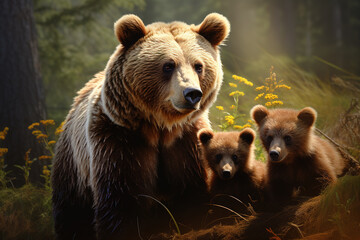 Wall Mural - Image of family of cute bears in the forest. Wildlife Animals. Illustration, Generative AI.