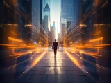 Fototapeta Londyn - A man walking down a city street at night. Generative AI.