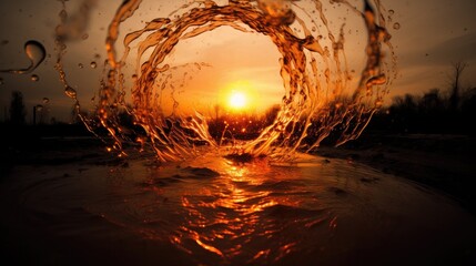 Canvas Print - The sun is setting behind a wave of water. Generative AI.