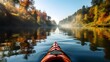 kayak sailing down a river on a sunny autumn day against yellow foliage trees and fog reflected in the water. Exploration of wild pristine nature and wanderlust concept. AI Generative