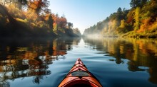Kayak Sailing Down A River On A Sunny Autumn Day Against Yellow Foliage Trees And Fog Reflected In The Water. Exploration Of Wild Pristine Nature And Wanderlust Concept. AI Generative