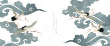 Japanese Background With Crane Birds Element Vector. Hand Drawn Wave Chinese Cloud Decorations In Vintage Style. Watercolor Painting With Art Abstract Banner Design.