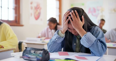 Wall Mural - High school, classroom students and girl stress, worry or burnout from learning problem, education crisis or academy. Mental health, elementary class and learner overwhelmed with test, exam or study