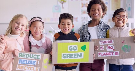 Canvas Print - Poster, recycle and happy children in a classroom to support sustainability on earth day. Portrait, smile and campaign with kids in class for climate change awareness or going green initiative