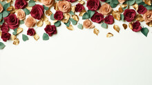 Dried Red And Gold Roses Border Banner, White Background