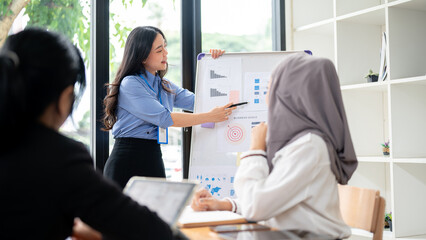 Wall Mural - A beautiful Asian businesswoman is presenting her summarized financial data to her team