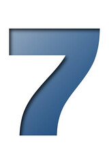 Blue paper font number 7 isolated on transparent background.