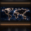A flat world map in 16x9 banner form, digital and technology look,  showing targets and points of interest across the globe. 