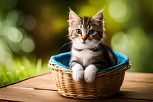 A Cute Little Domestic Kitten With Blue Eyes Sitting In A Basket