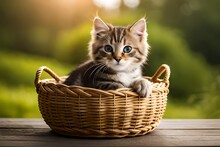 A Cute Little Domestic Kitten With Blue Eyes Sitting In A Basket,