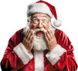 Man in Santa Claus Suit Expressing Happy Surprise with Hands on Face